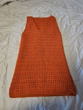 Handmade Orange Crochet Mini Dress - Women's V-Neck